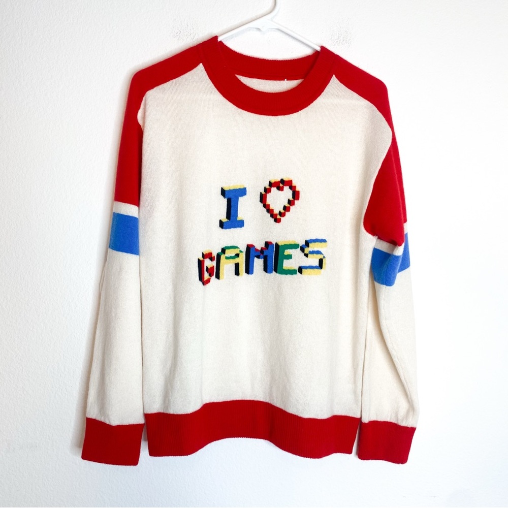 PRVLG White Red Blue I Love Games Cashmere Retro Crewneck Sweater